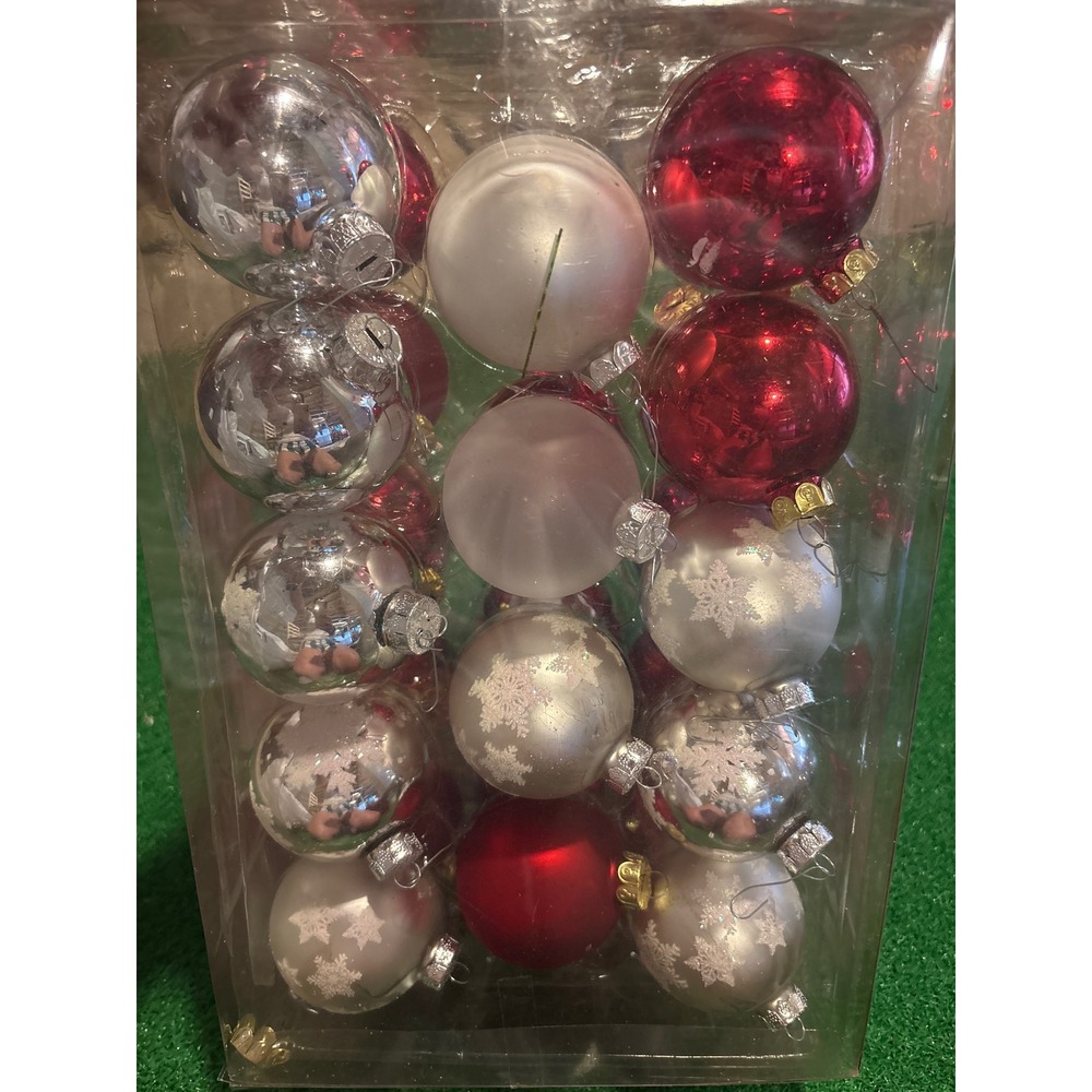 Kmart 28ct 65mm Glass Christmas Ornaments Red Silver Snowflake Assorted Set